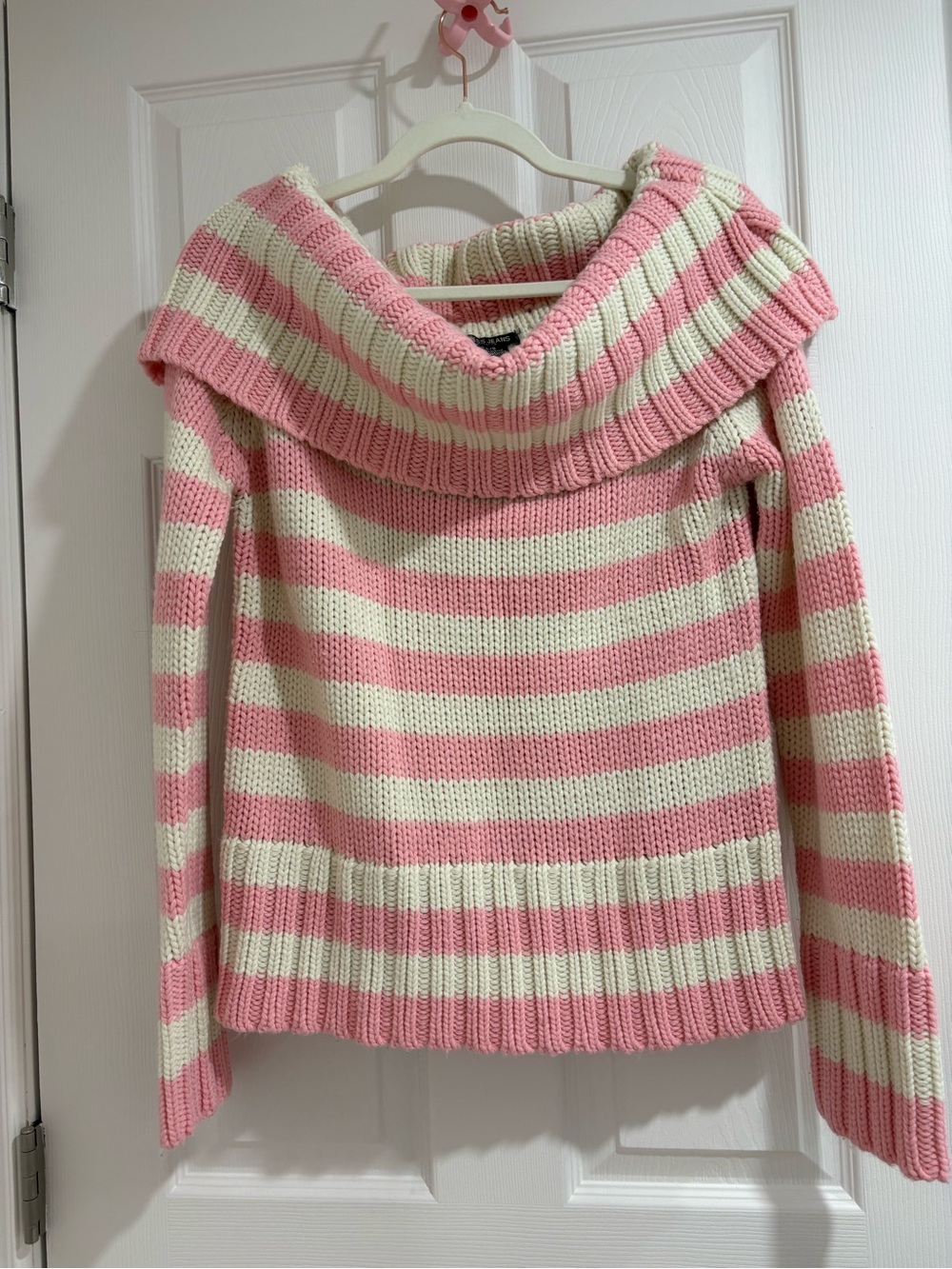 Guess Pink and Cream Striped Off-Shoulder Knit Sweater